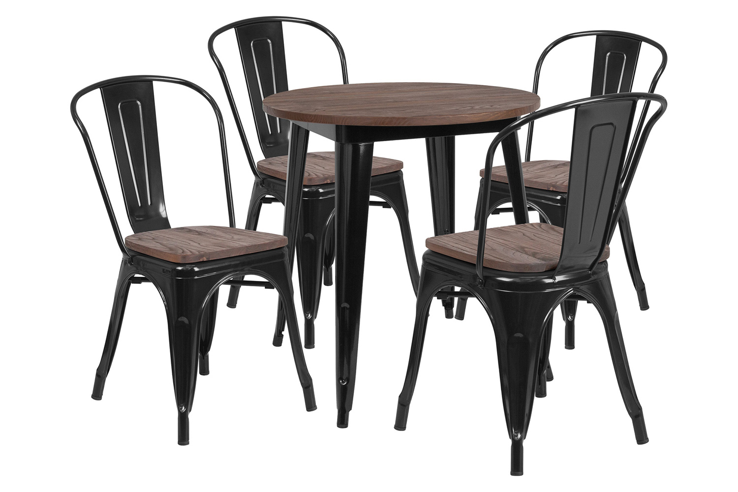 BLNK™ Bailey Round Metal Table Set with Wood Top and 4 Stack Chairs - Black