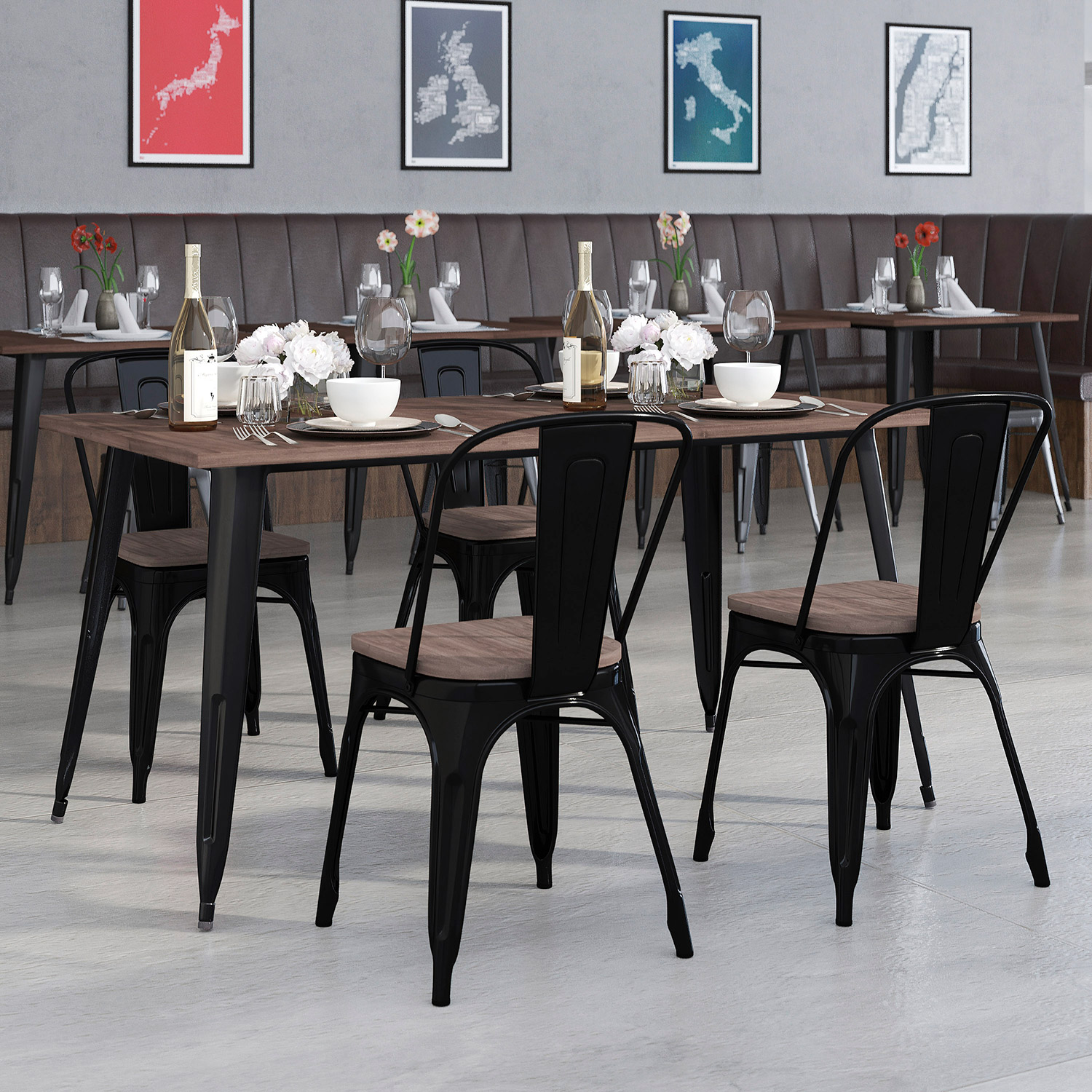 BLNK Bailey Metal Table Set with Wood Top and 4 Stack Chairs