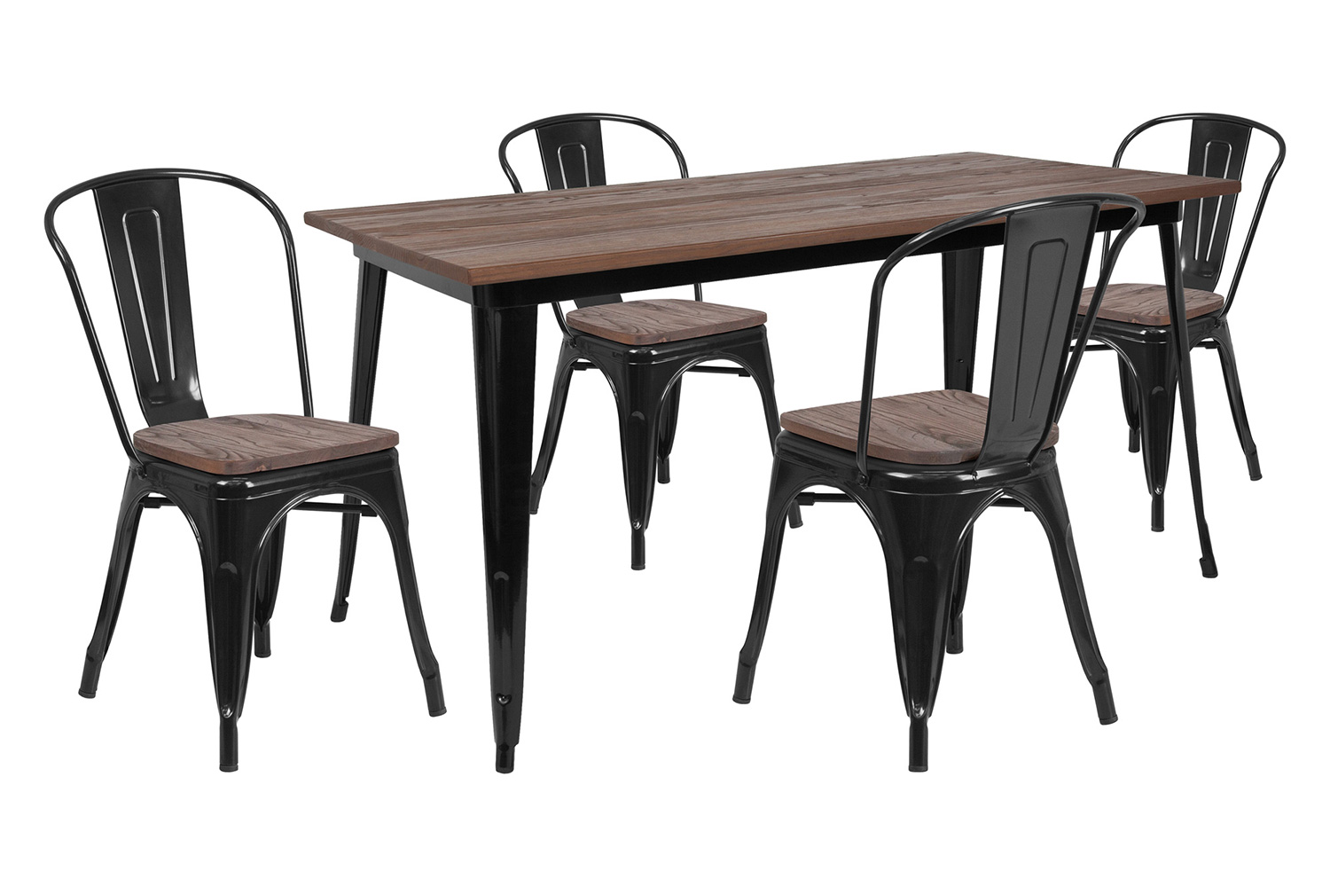 BLNK Bailey Metal Table Set with Wood Top and 4 Stack Chairs - Black