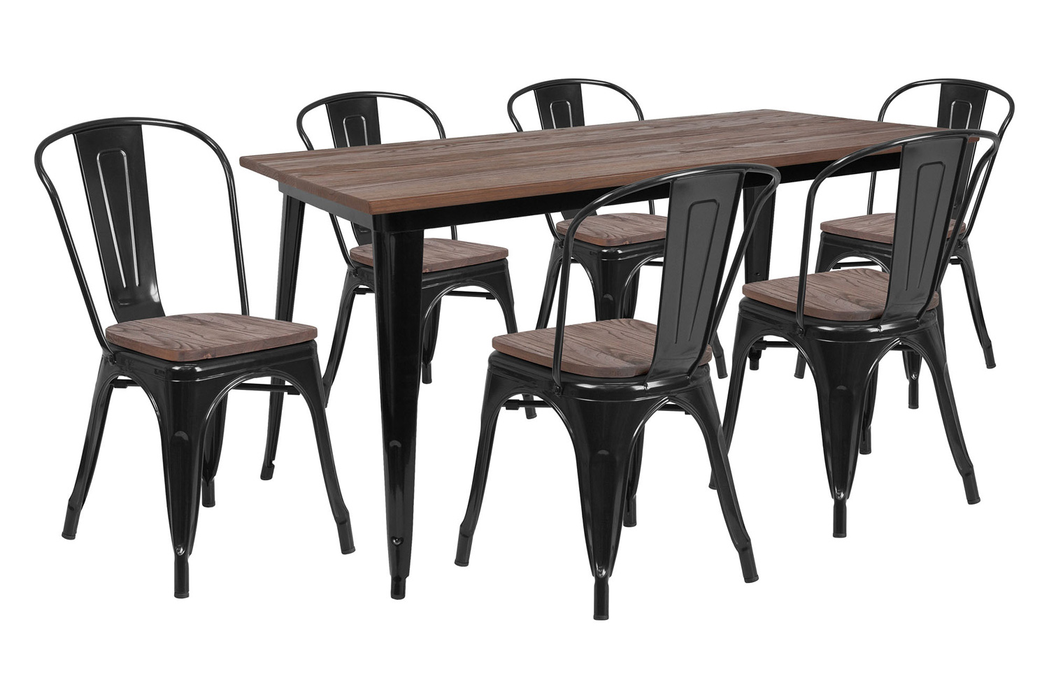 BLNK Bailey Metal Table Set with Wood Top and 6 Stack Chairs