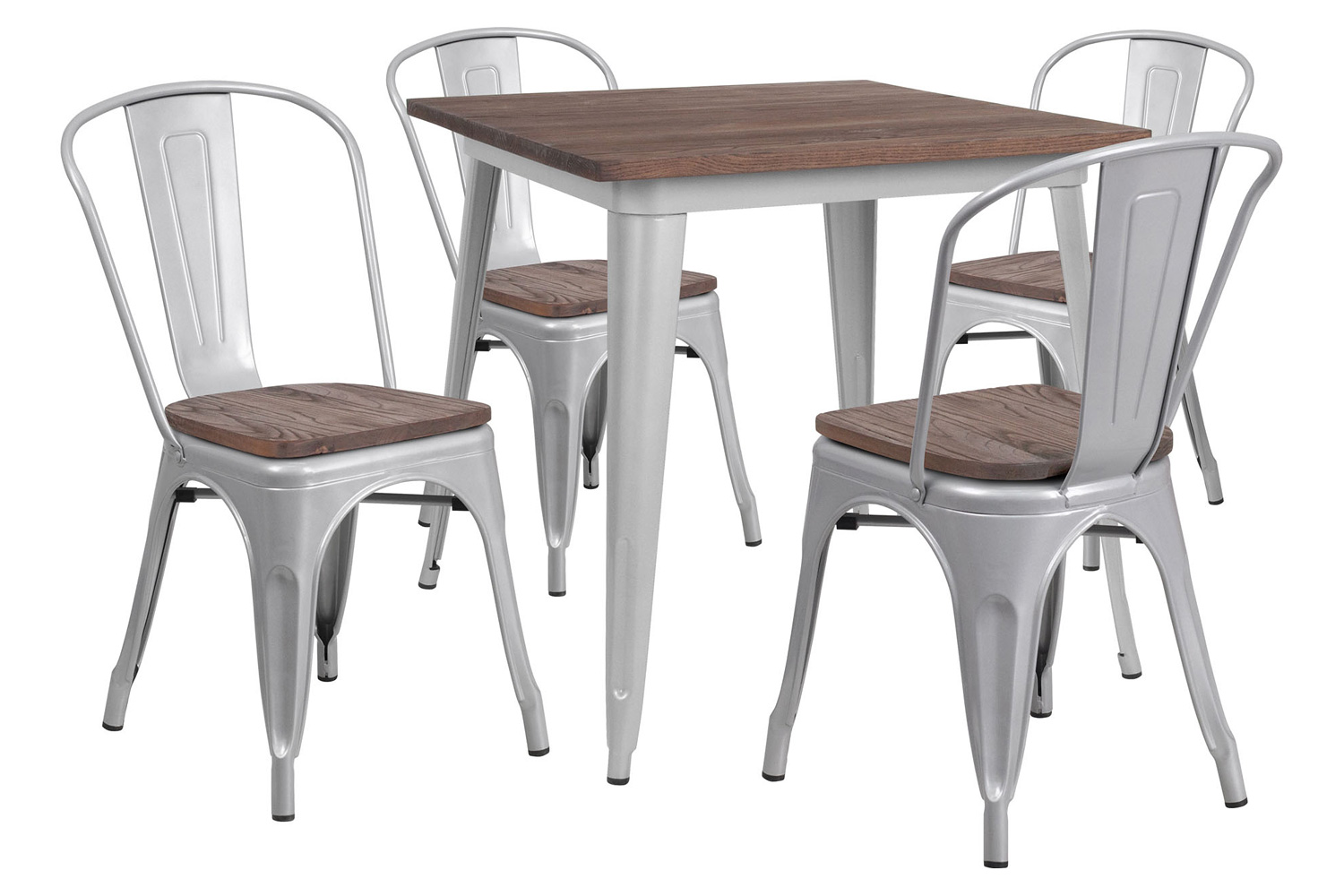 BLNK Bailey Square Metal Table Set with Wood Top and 4 Stack Chairs