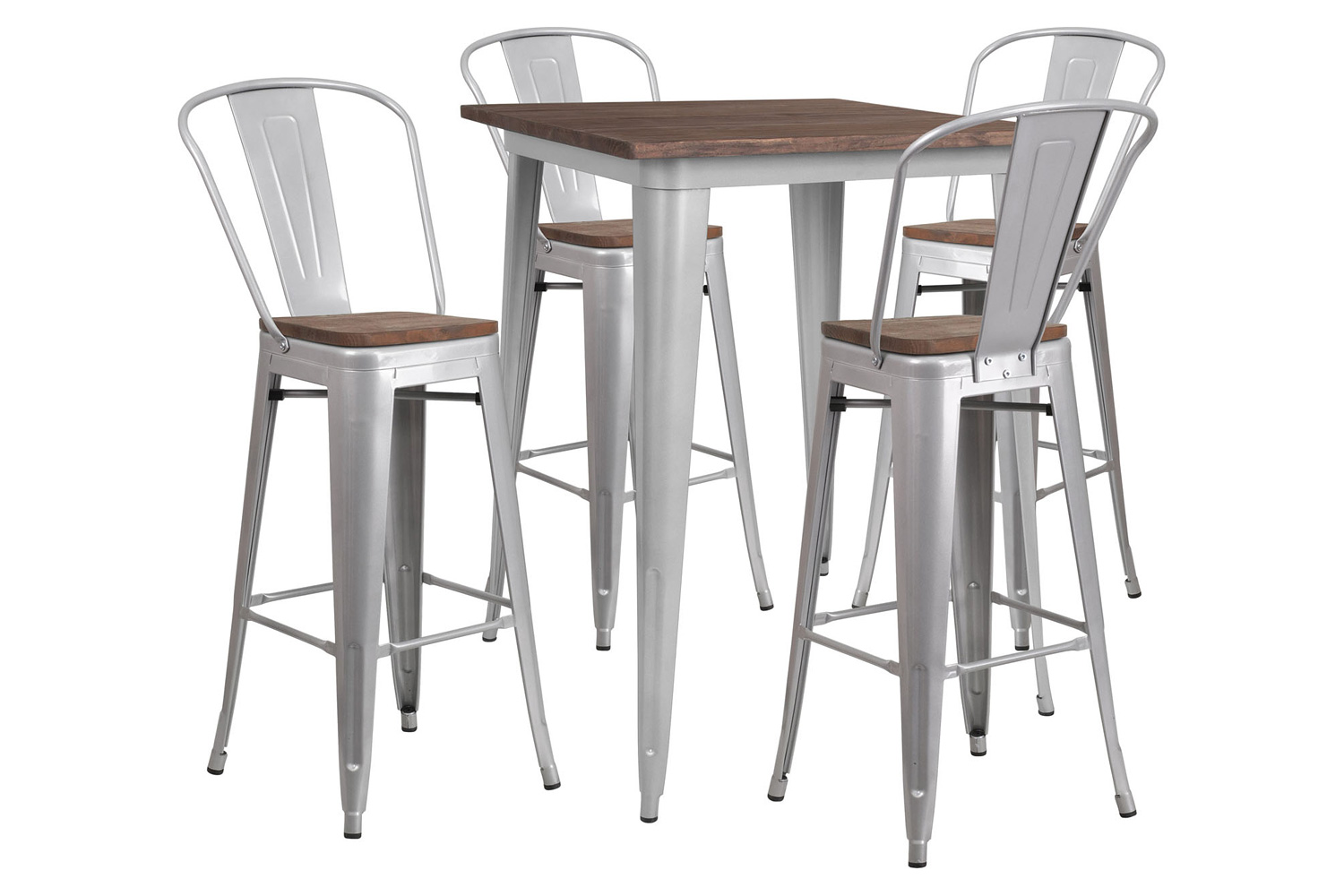 BLNK Bailey Square Metal Bar Table Set with Wood Top and 4 Stools