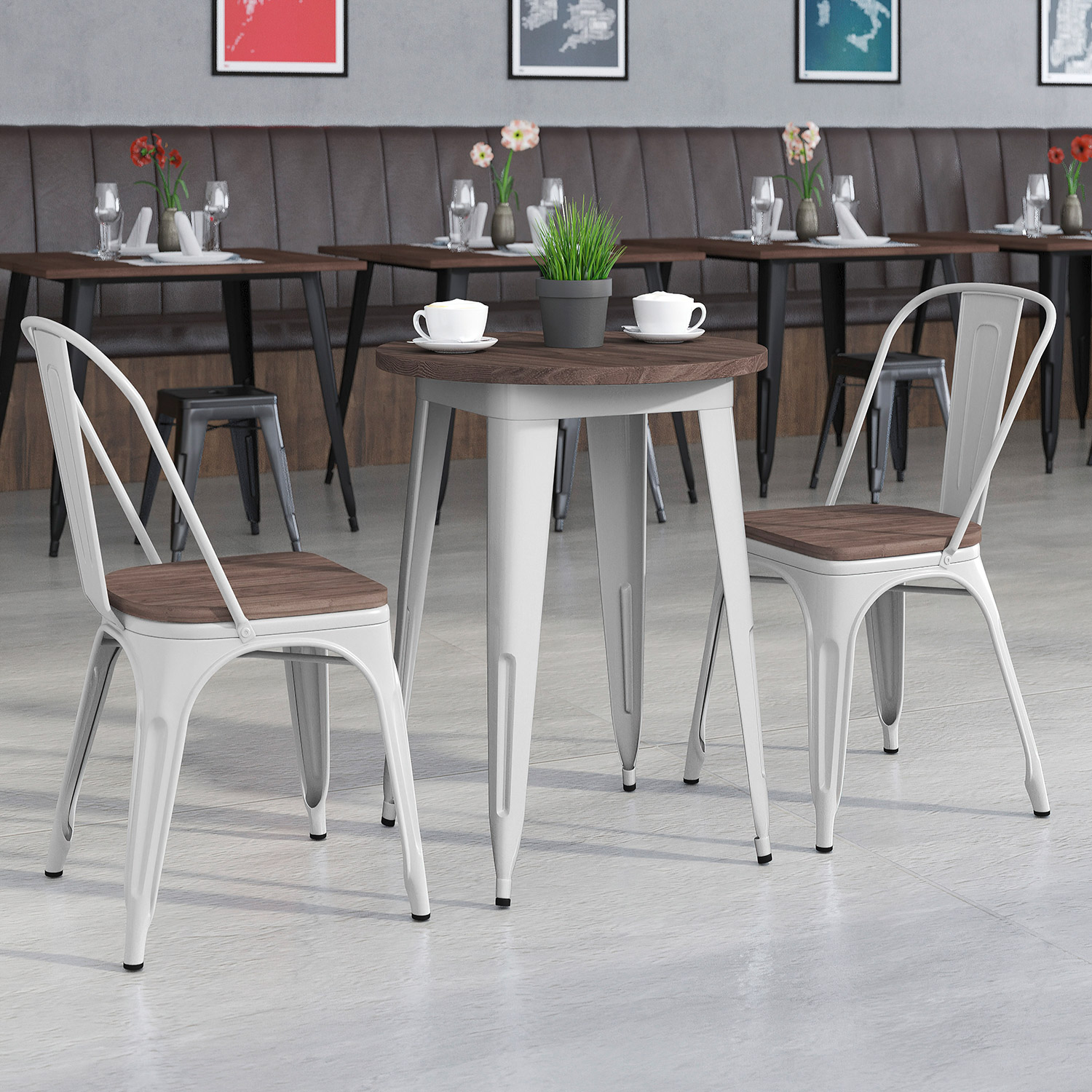 BLNK Bailey Round Metal Table Set with Wood Top and 2 Stack Chairs