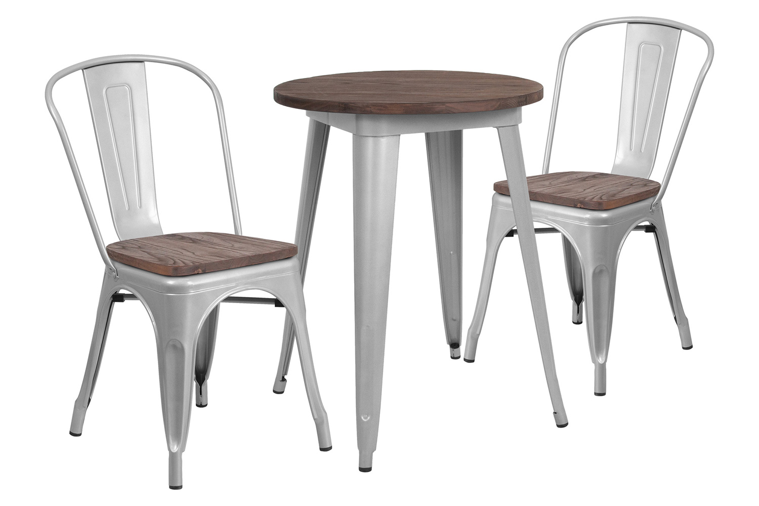 BLNK™ Bailey Round Metal Table Set with Wood Top and 2 Stack Chairs - Silver