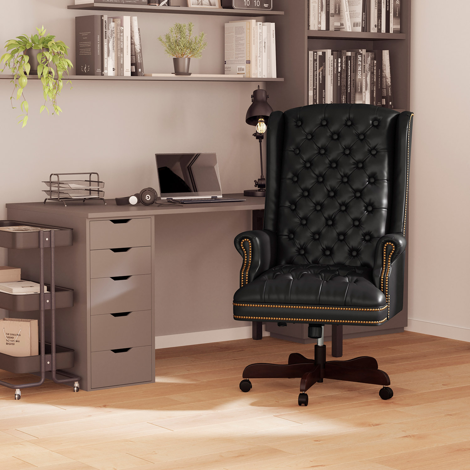 BLNK Turner LeatherSoft High-Back Traditional Fully Tufted Executive Swivel Ergonomic Office Chair with Arms