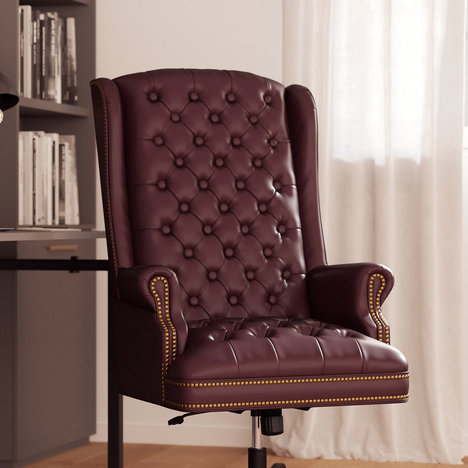 BLNK Turner LeatherSoft High-Back Traditional Fully Tufted Executive Swivel Ergonomic Office Chair with Arms - Burgundy