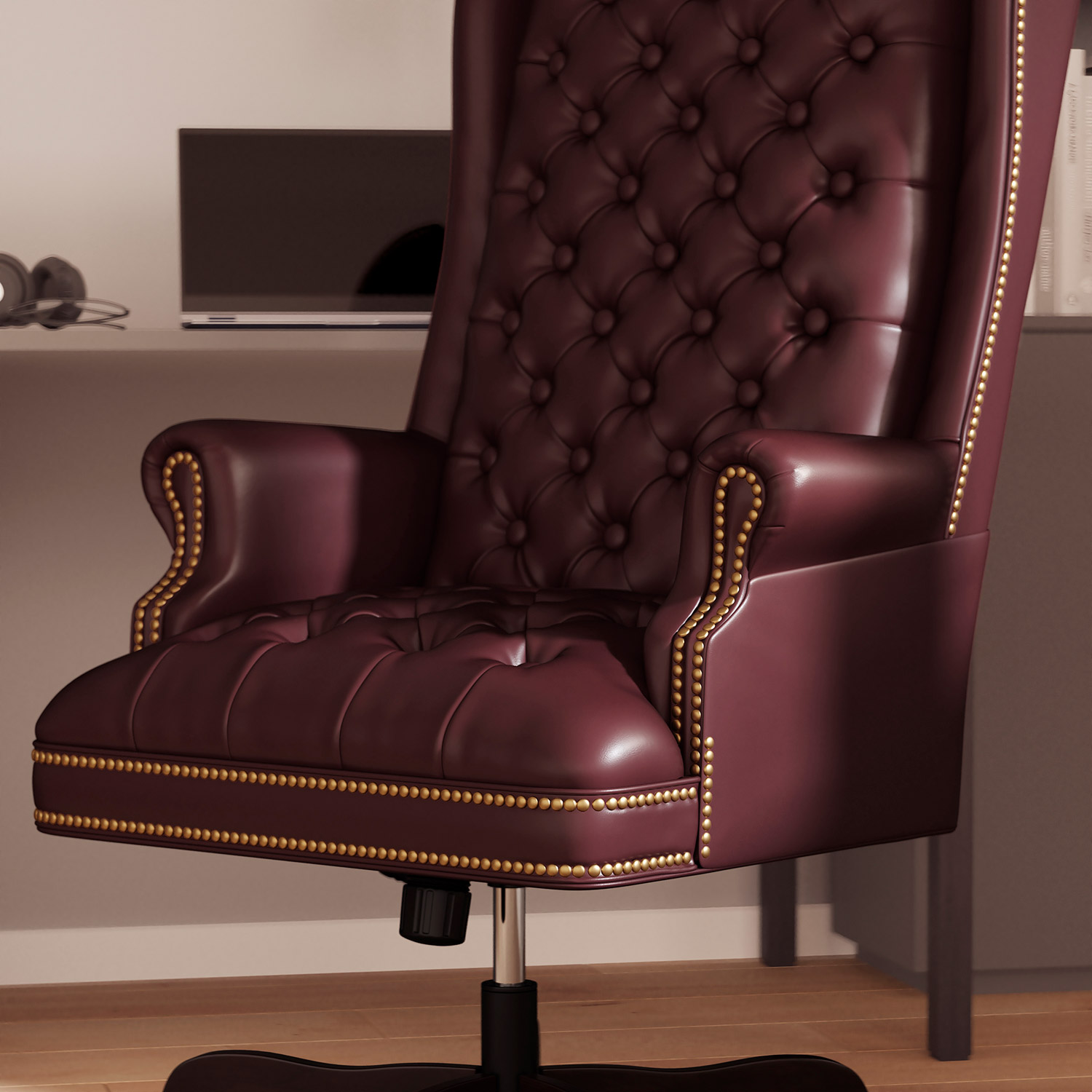 BLNK Turner LeatherSoft High-Back Traditional Fully Tufted Executive Swivel Ergonomic Office Chair with Arms - Burgundy