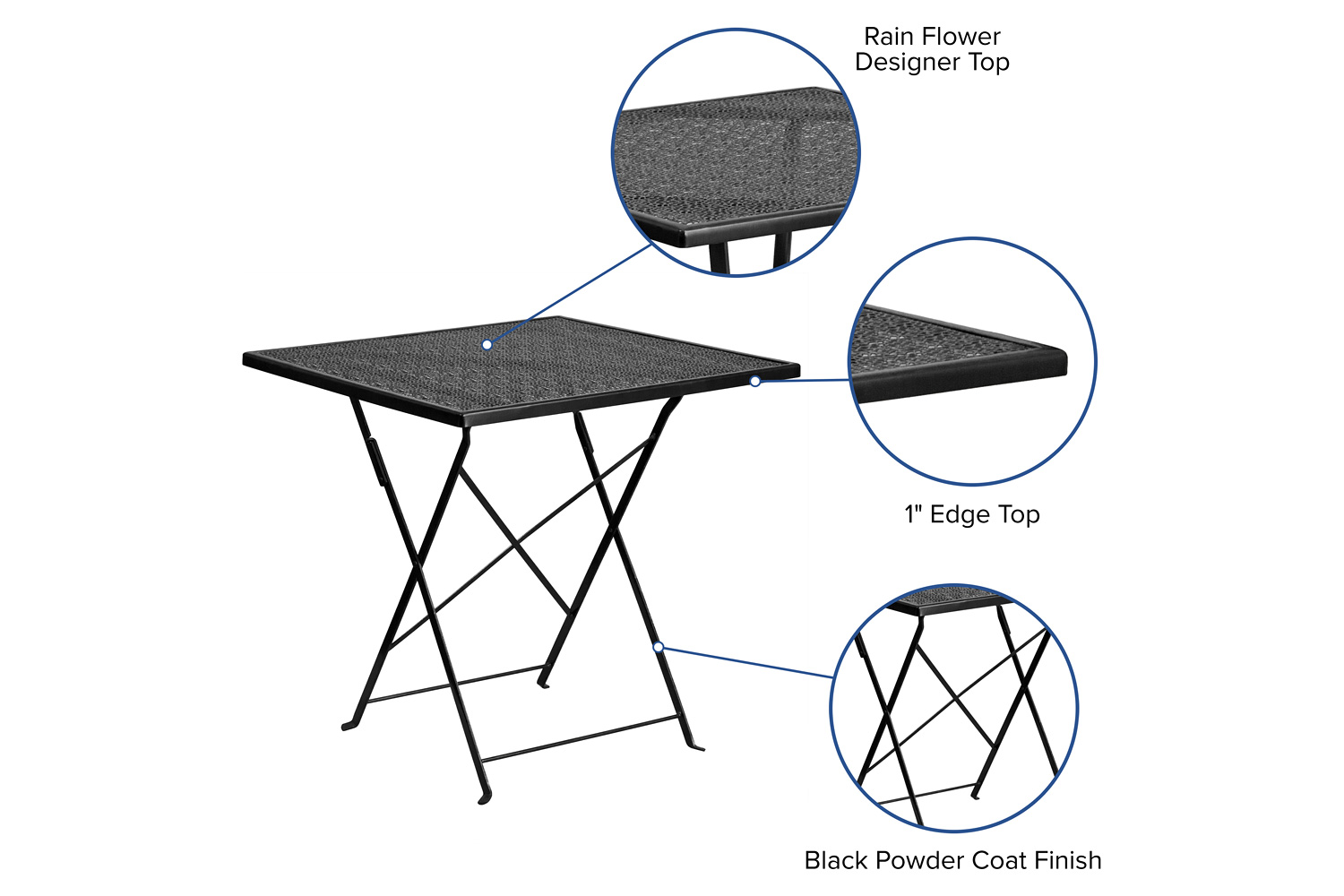 BLNK Oia Commercial Square Steel Indoor-Outdoor Folding Patio Table - Black, 28"W