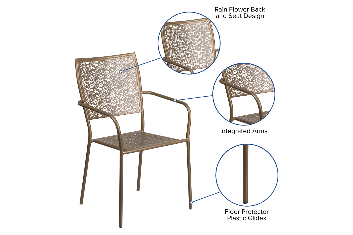 BLNK Oia Commercial Steel Indoor-Outdoor Patio Arm Chair with Square Back - Gold