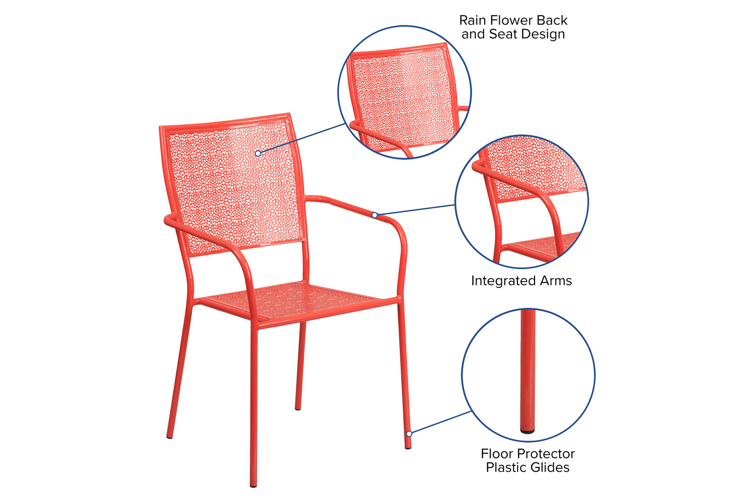 BLNK Oia Commercial Steel Indoor-Outdoor Patio Arm Chair with Square Back - Coral