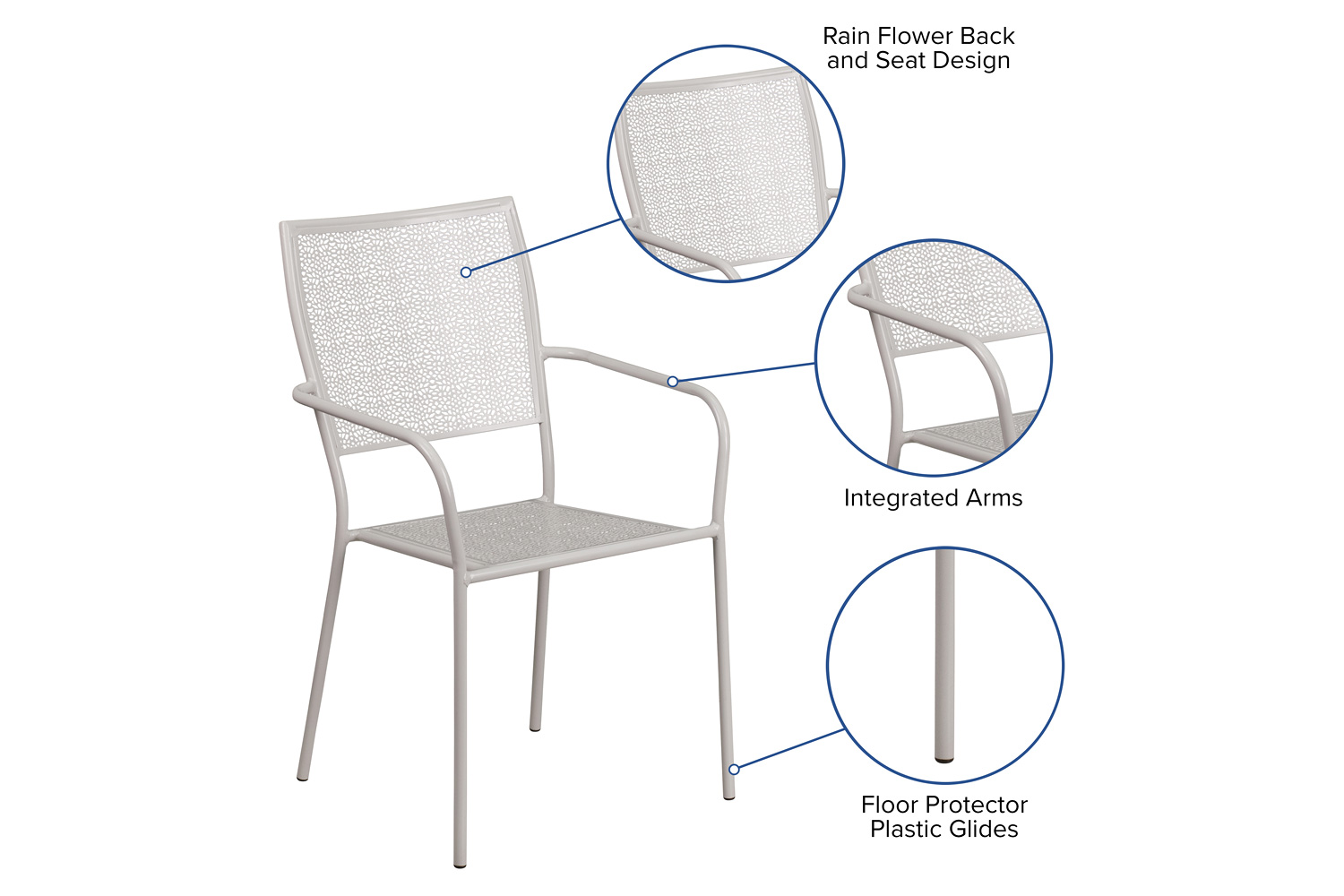 BLNK Oia Commercial Steel Indoor-Outdoor Patio Arm Chair with Square Back - Light Gray