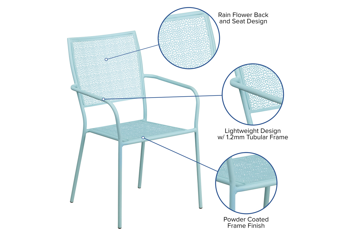 BLNK Oia Commercial Steel Indoor-Outdoor Patio Arm Chair with Square Back - Sky Blue