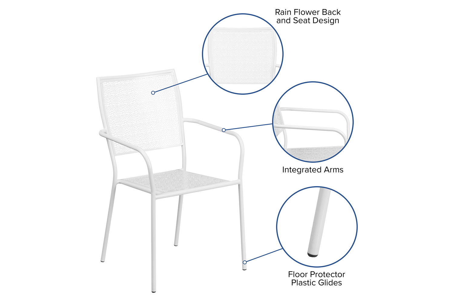 BLNK Oia Commercial Steel Indoor-Outdoor Patio Arm Chair with Square Back - White