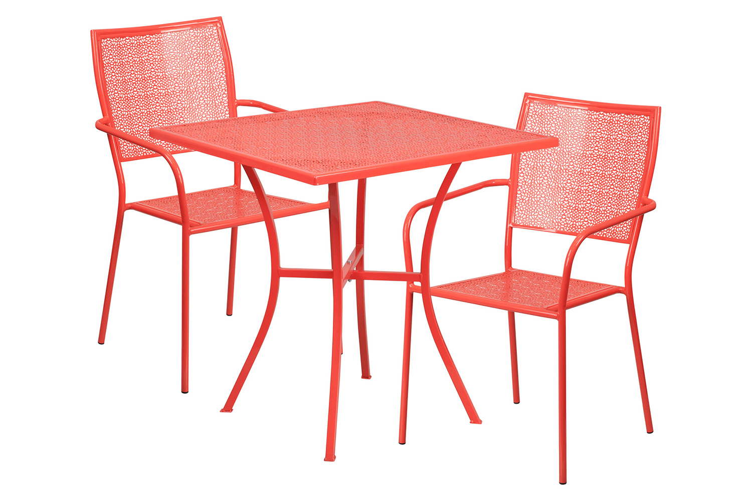 BLNK Oia Commercial Square Steel Indoor-Outdoor Patio Table Set with 2 Square Back Chairs - Coral, 28"W