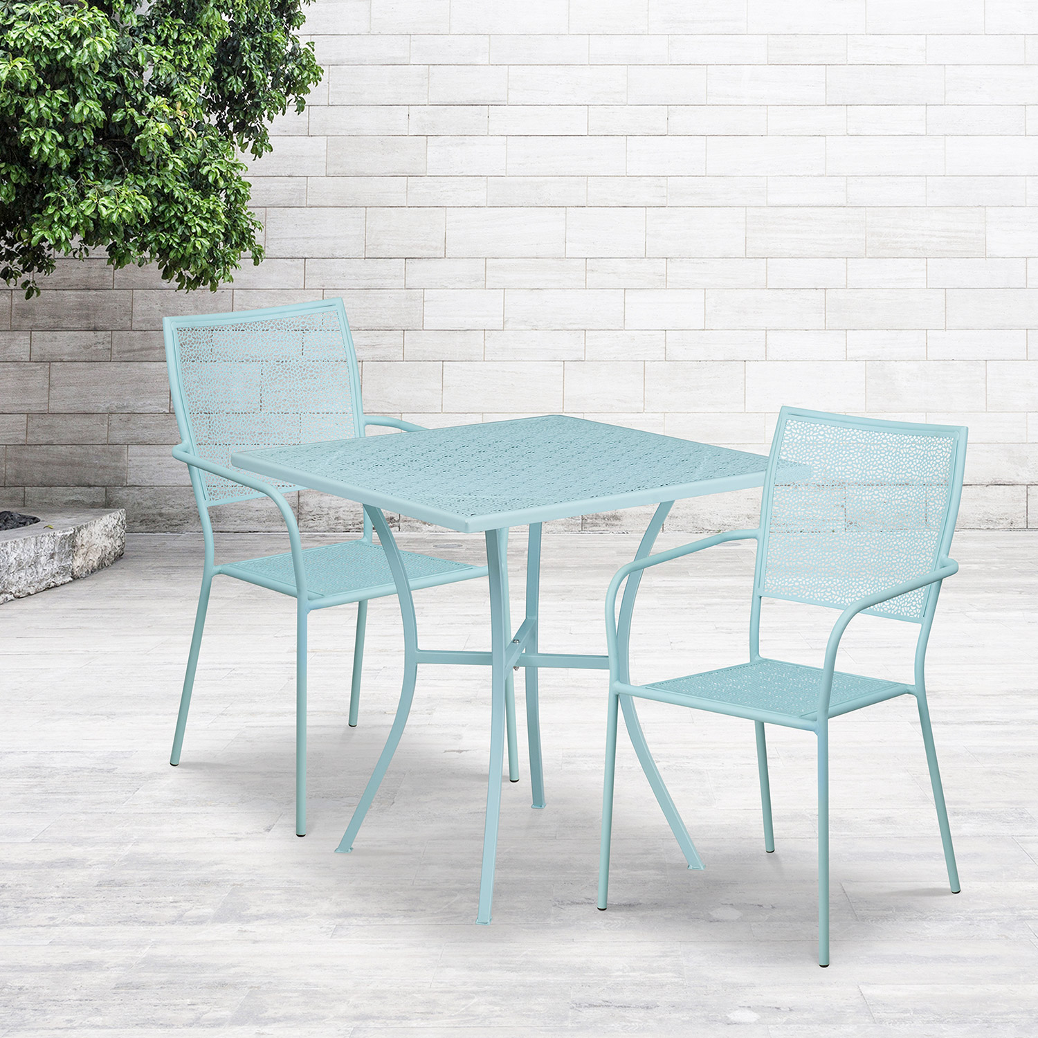 BLNK Oia Commercial Square Steel Indoor-Outdoor Patio Table Set with 2 Square Back Chairs