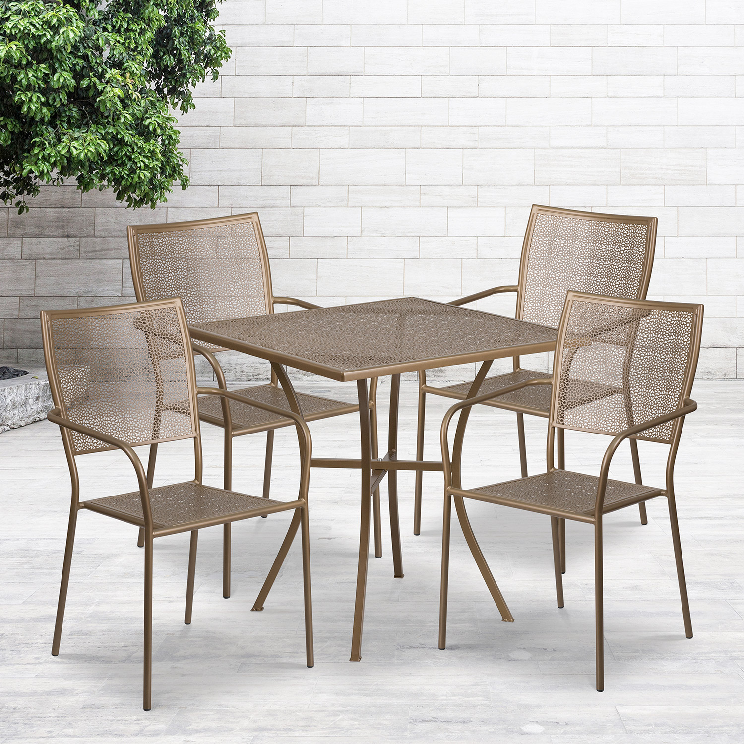 BLNK Oia Commercial Square Steel Indoor-Outdoor Patio Table Set with 4 Square Back Chairs