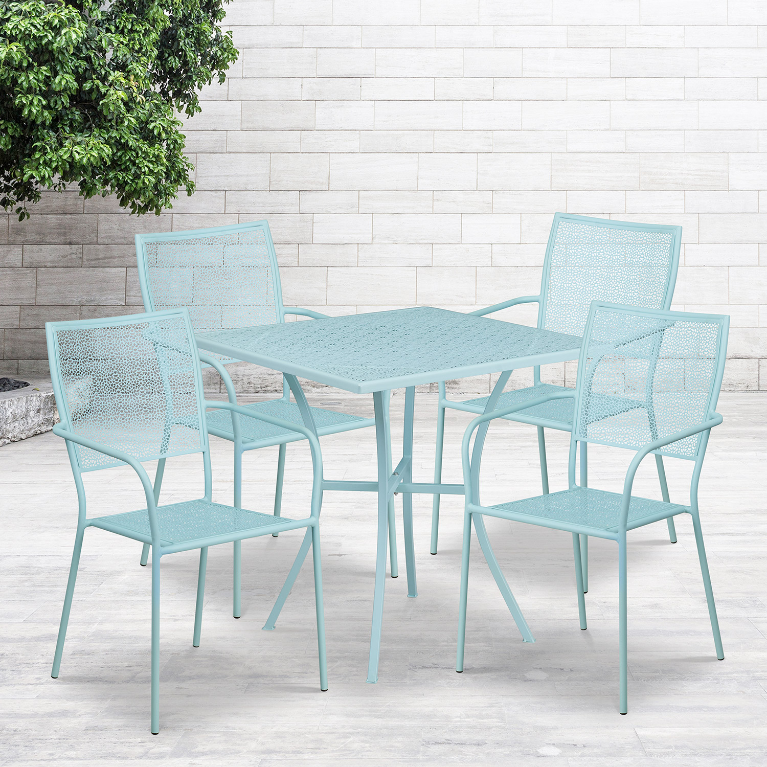 BLNK Oia Commercial Square Steel Indoor-Outdoor Patio Table Set with 4 Square Back Chairs