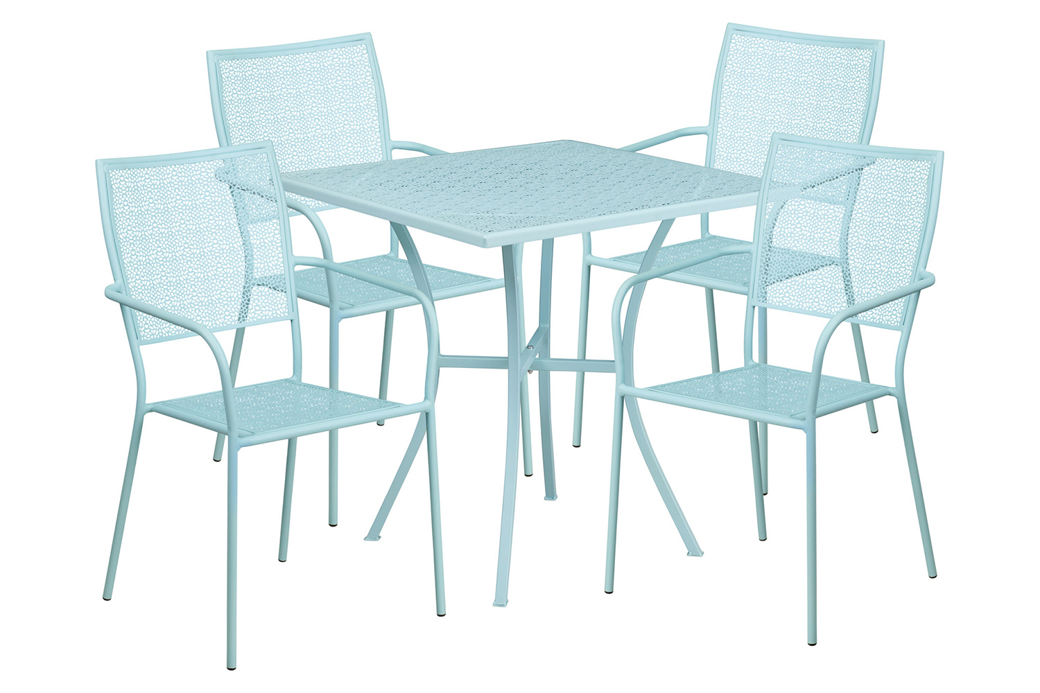 BLNK Oia Commercial Square Steel Indoor-Outdoor Patio Table Set with 4 Square Back Chairs - Sky Blue, 28"W