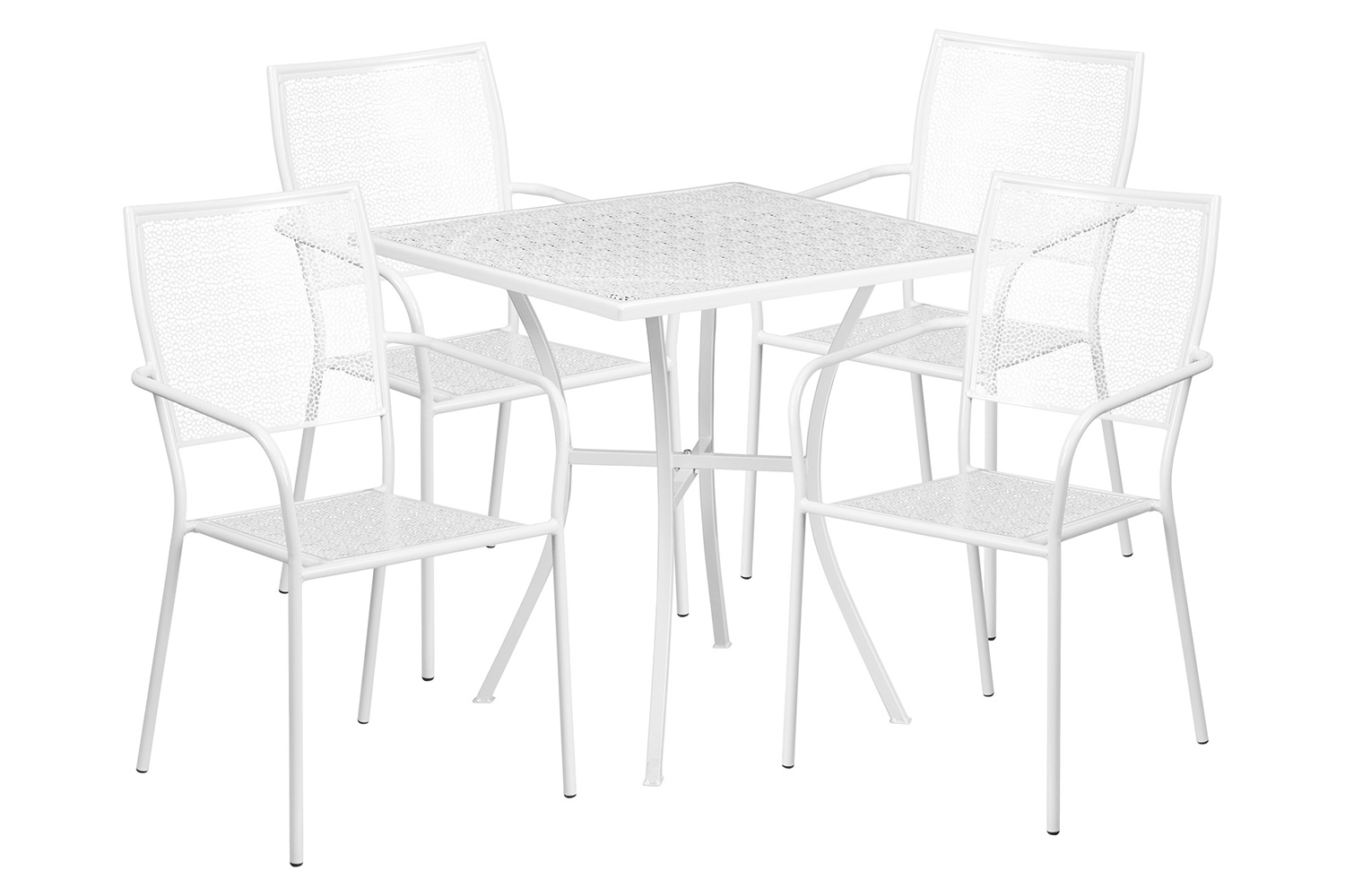 BLNK Oia Commercial Square Steel Indoor-Outdoor Patio Table Set with 4 Square Back Chairs - White, 28"W