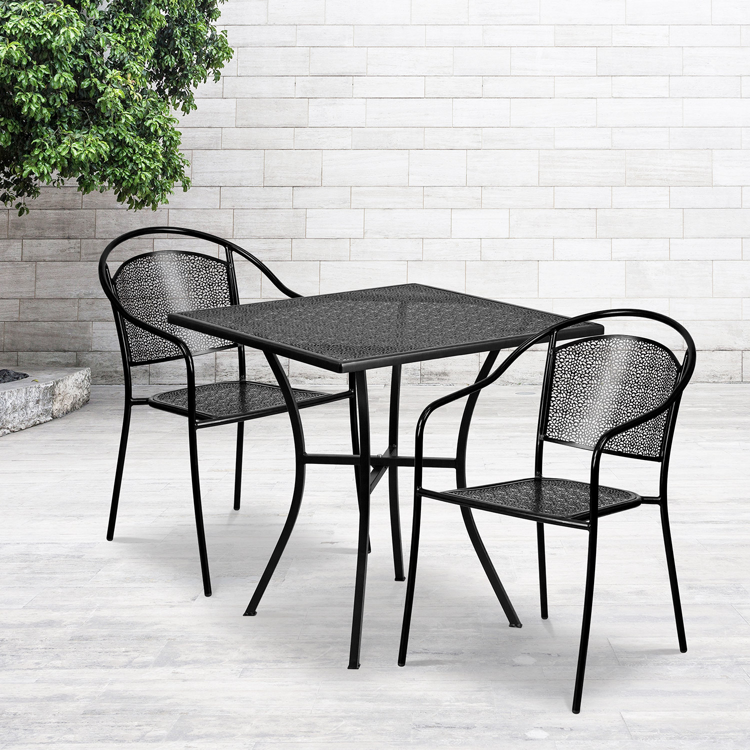 BLNK Oia Commercial Steel Indoor-Outdoor Patio Table Set with 2 Round Back Chairs