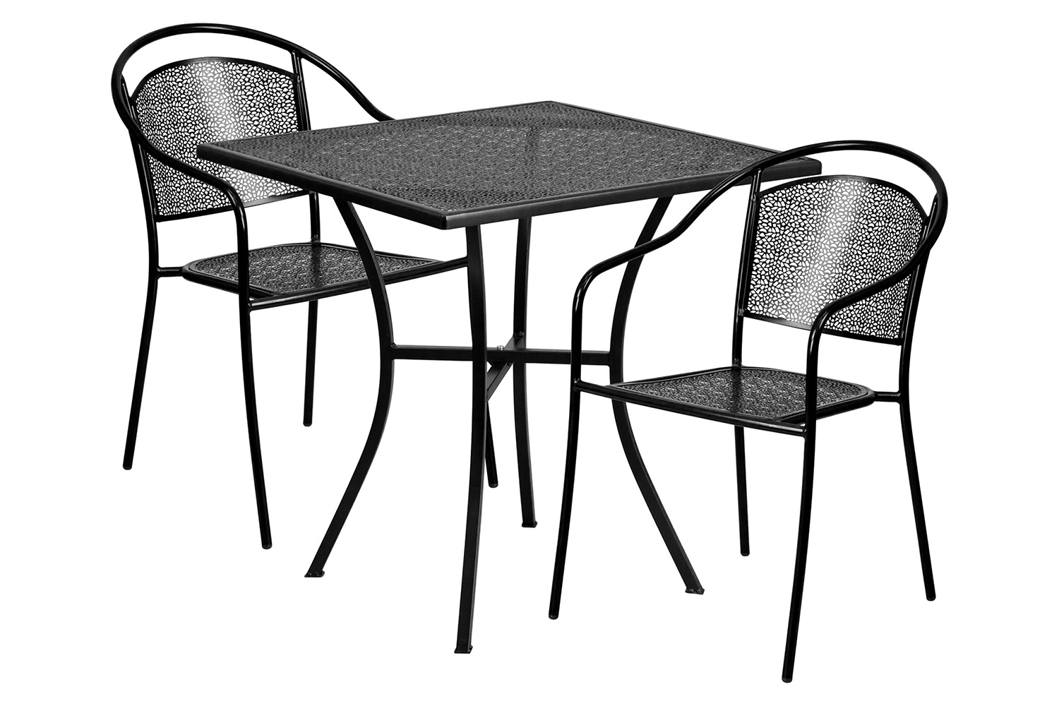 BLNK Oia Commercial Steel Indoor-Outdoor Patio Table Set with 2 Round Back Chairs - Black, 28"W