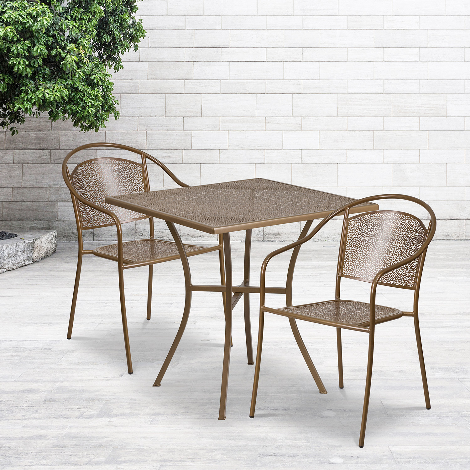 BLNK Oia Commercial Steel Indoor-Outdoor Patio Table Set with 2 Round Back Chairs