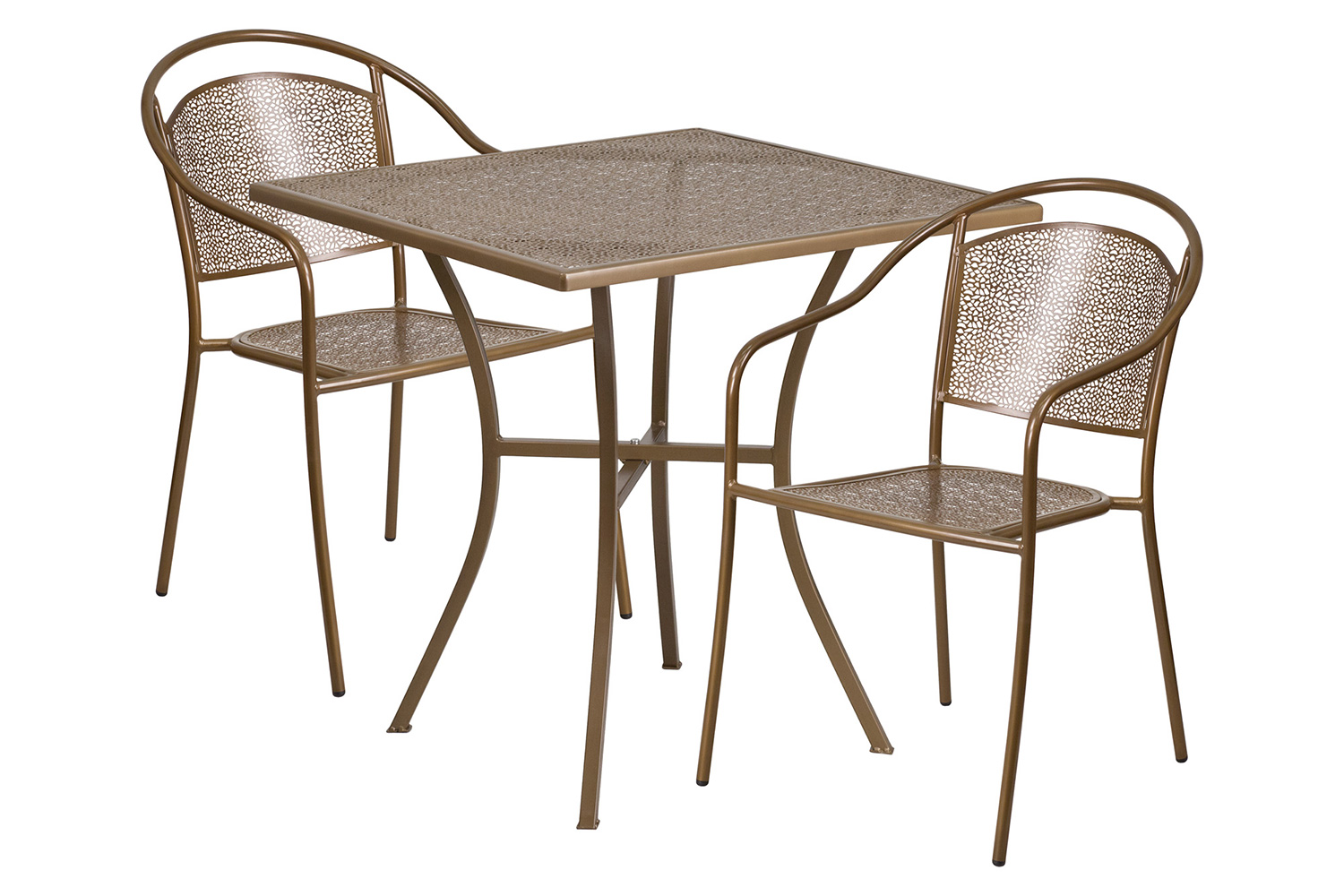 BLNK Oia Commercial Steel Indoor-Outdoor Patio Table Set with 2 Round Back Chairs - Gold, 28"W