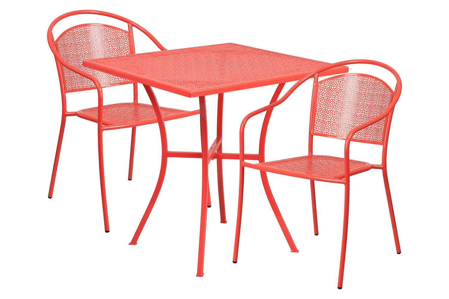 BLNK Oia Commercial Steel Indoor-Outdoor Patio Table Set with 2 Round Back Chairs - Coral, 28"W