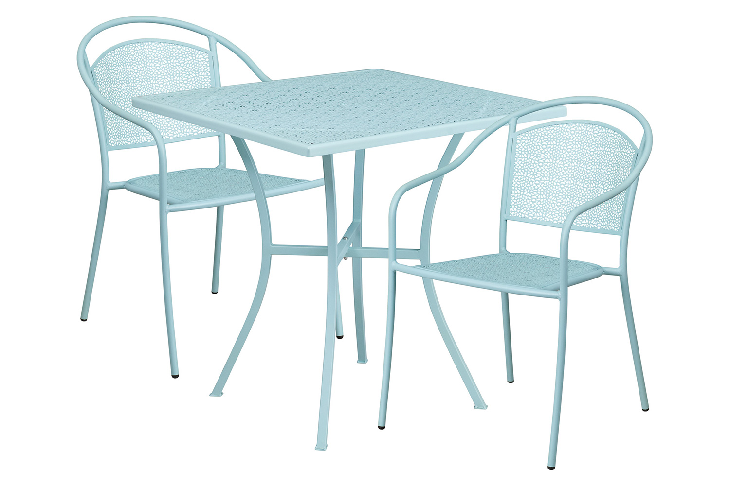 BLNK Oia Commercial Steel Indoor-Outdoor Patio Table Set with 2 Round Back Chairs - Sky Blue, 28"W