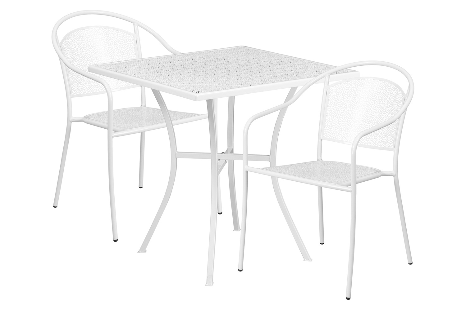 BLNK Oia Commercial Steel Indoor-Outdoor Patio Table Set with 2 Round Back Chairs - White, 28"W