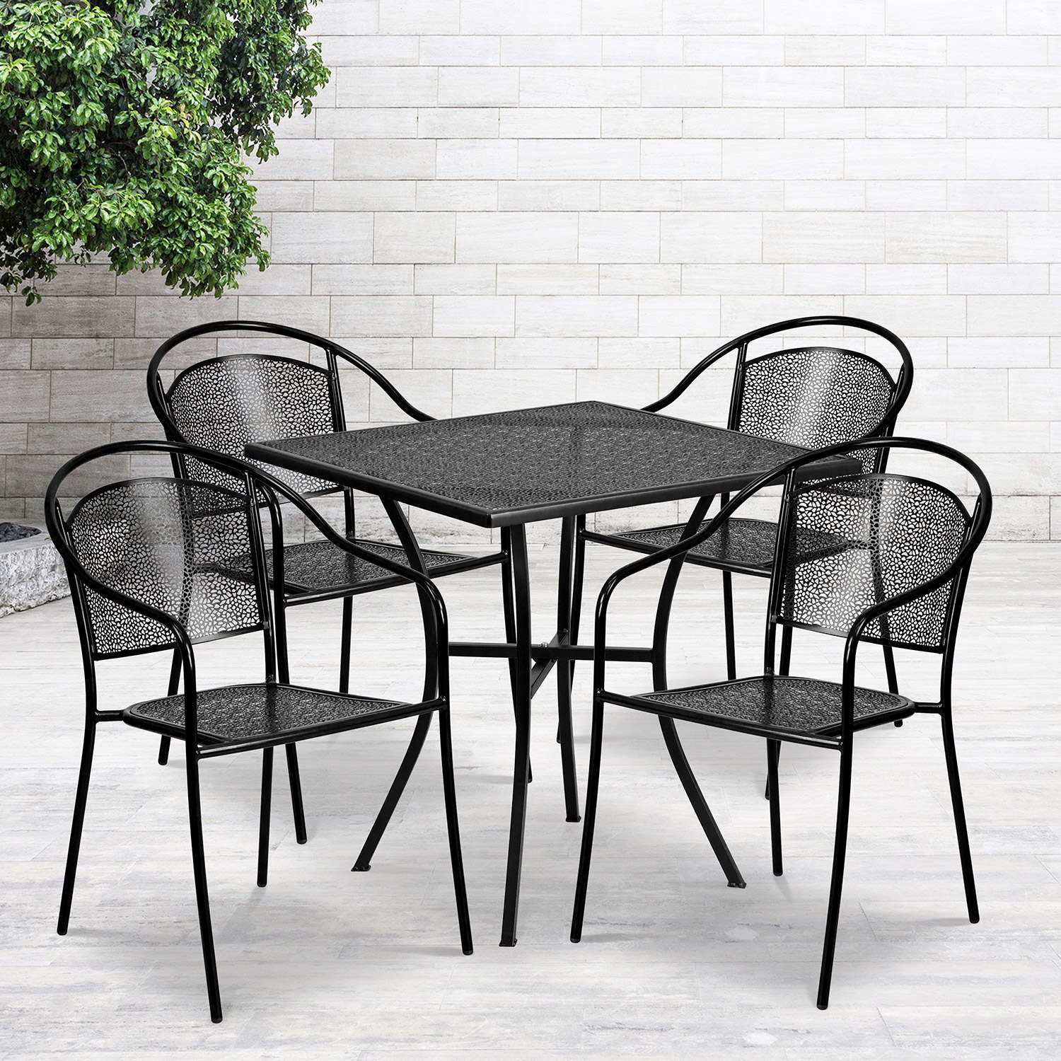 BLNK Oia Commercial Steel Indoor-Outdoor Patio Table Set with 4 Round Back Chairs