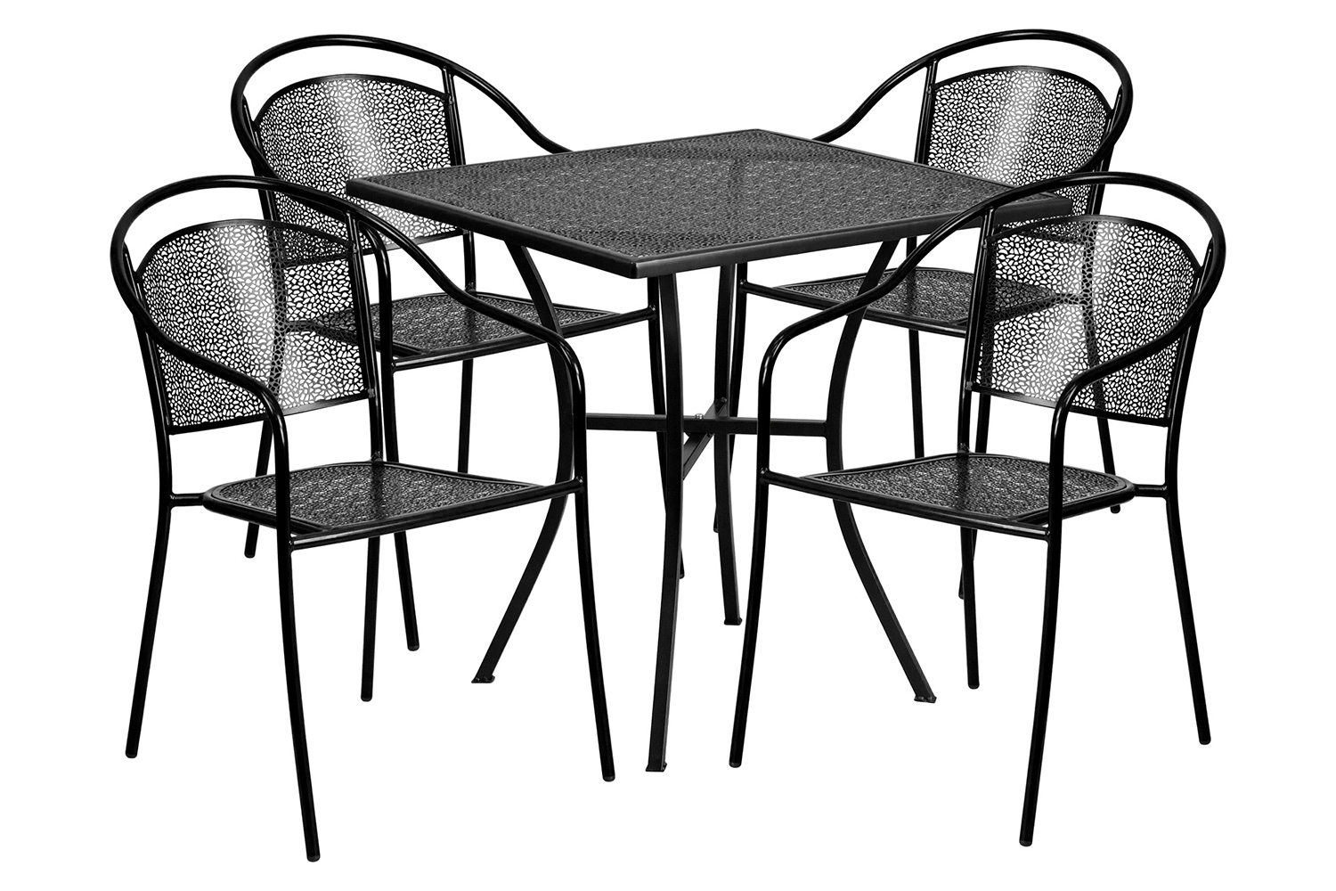 BLNK Oia Commercial Steel Indoor-Outdoor Patio Table Set with 4 Round Back Chairs - Black, 28"W