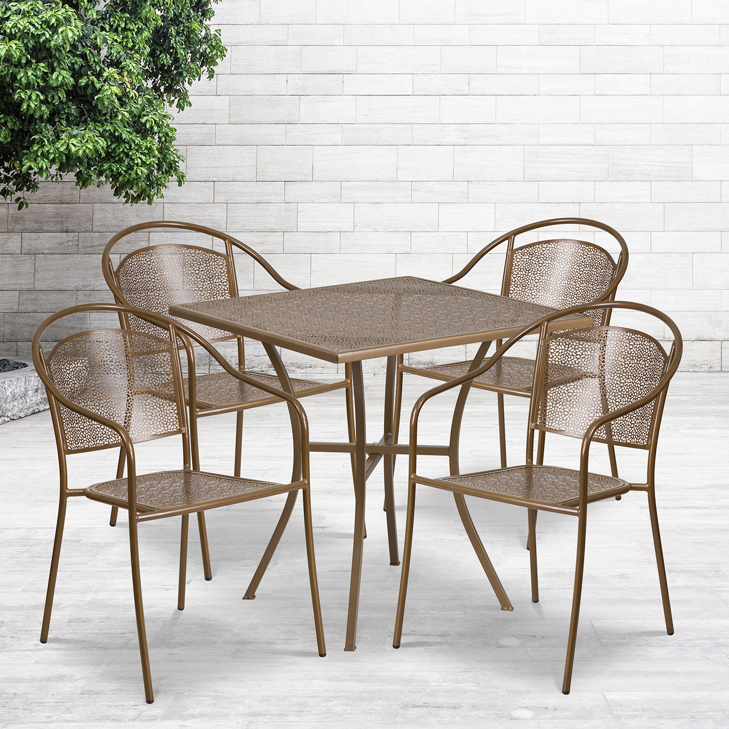 BLNK Oia Commercial Steel Indoor-Outdoor Patio Table Set with 4 Round Back Chairs