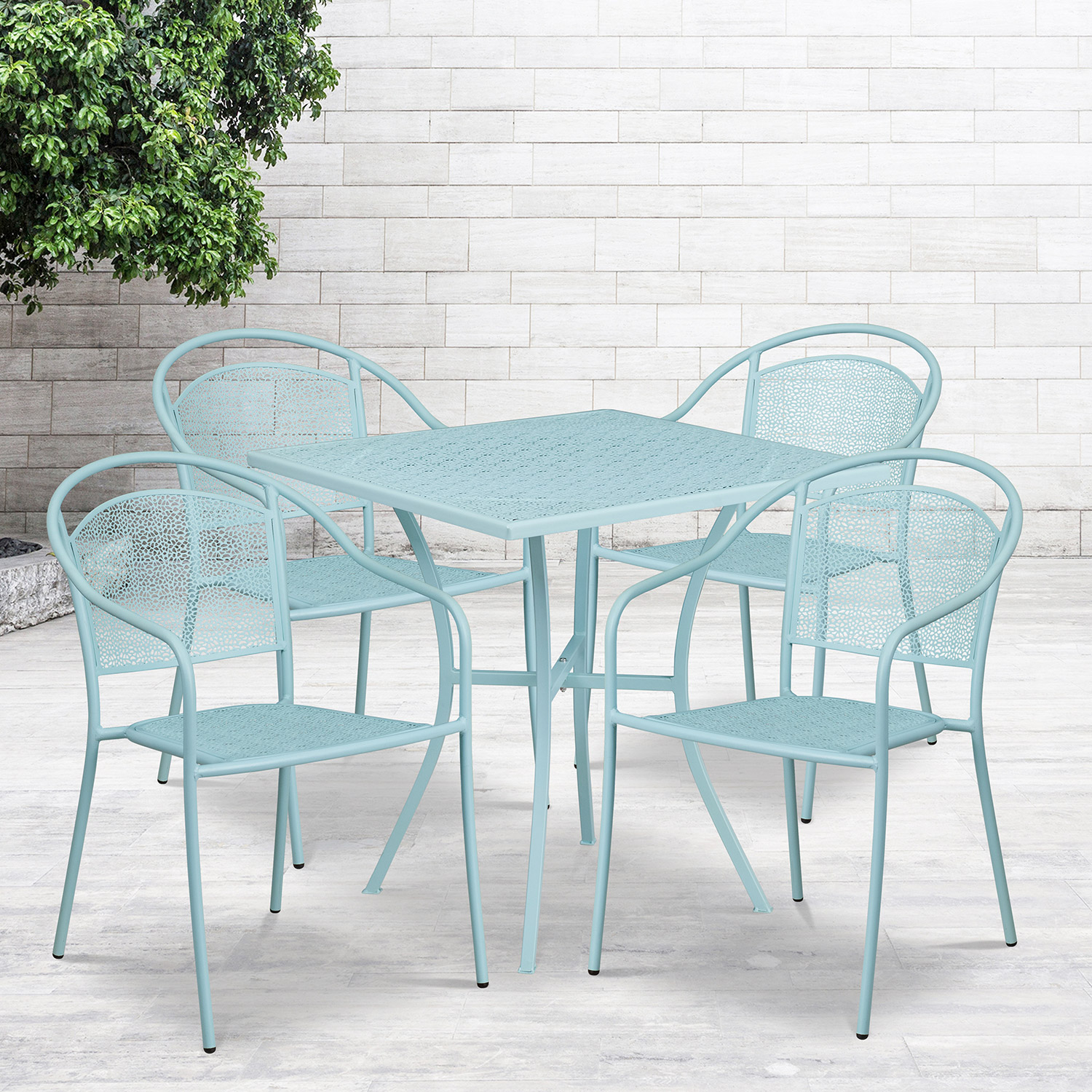 BLNK Oia Commercial Steel Indoor-Outdoor Patio Table Set with 4 Round Back Chairs