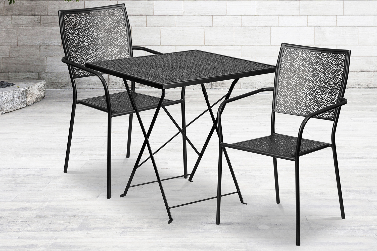 BLNK Oia Commercial Square Steel Indoor-Outdoor Folding Patio Table Set with 2 Square Back Chairs