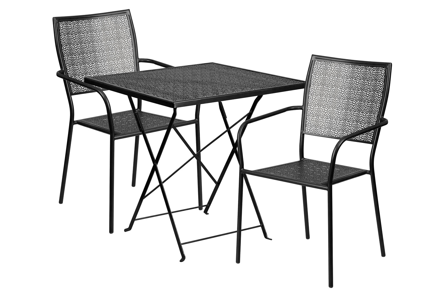 BLNK Oia Commercial Square Steel Indoor-Outdoor Folding Patio Table Set with 2 Square Back Chairs - Black, 28"W