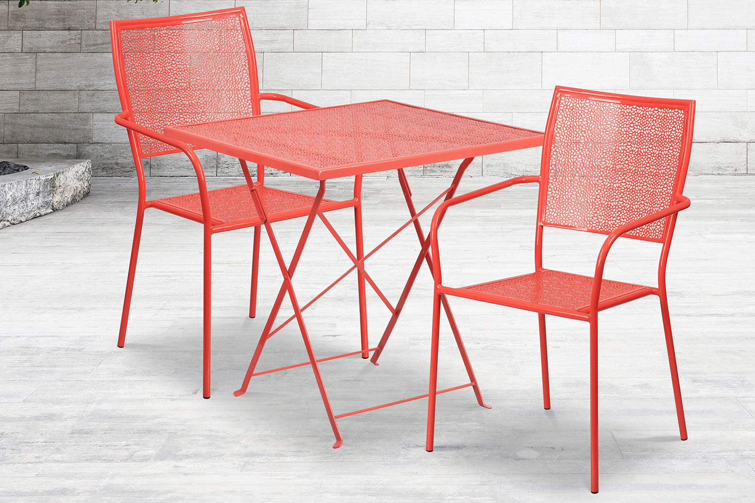 BLNK Oia Commercial Square Steel Indoor-Outdoor Folding Patio Table Set with 2 Square Back Chairs