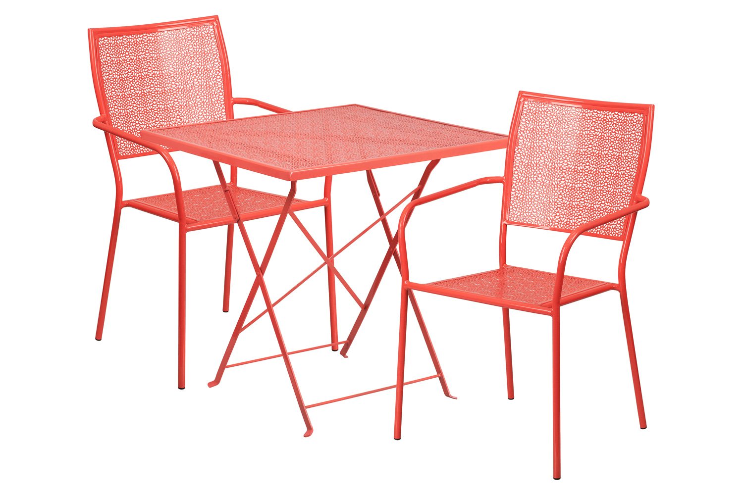 BLNK Oia Commercial Square Steel Indoor-Outdoor Folding Patio Table Set with 2 Square Back Chairs - Coral, 28"W