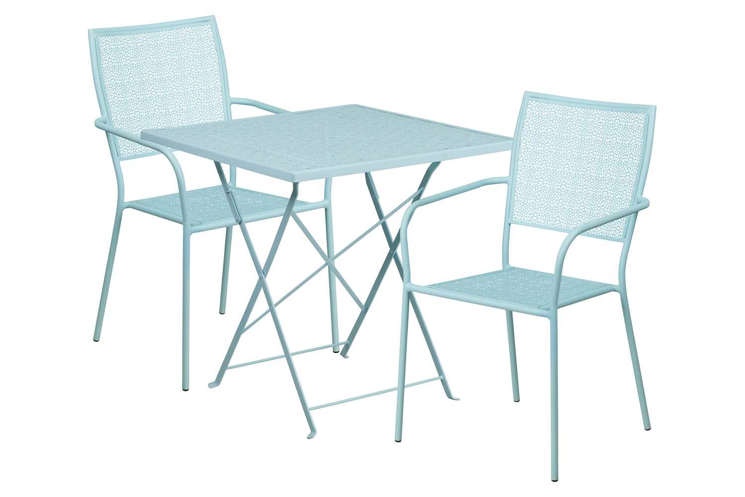 BLNK Oia Commercial Square Steel Indoor-Outdoor Folding Patio Table Set with 2 Square Back Chairs - Sky Blue, 28"W