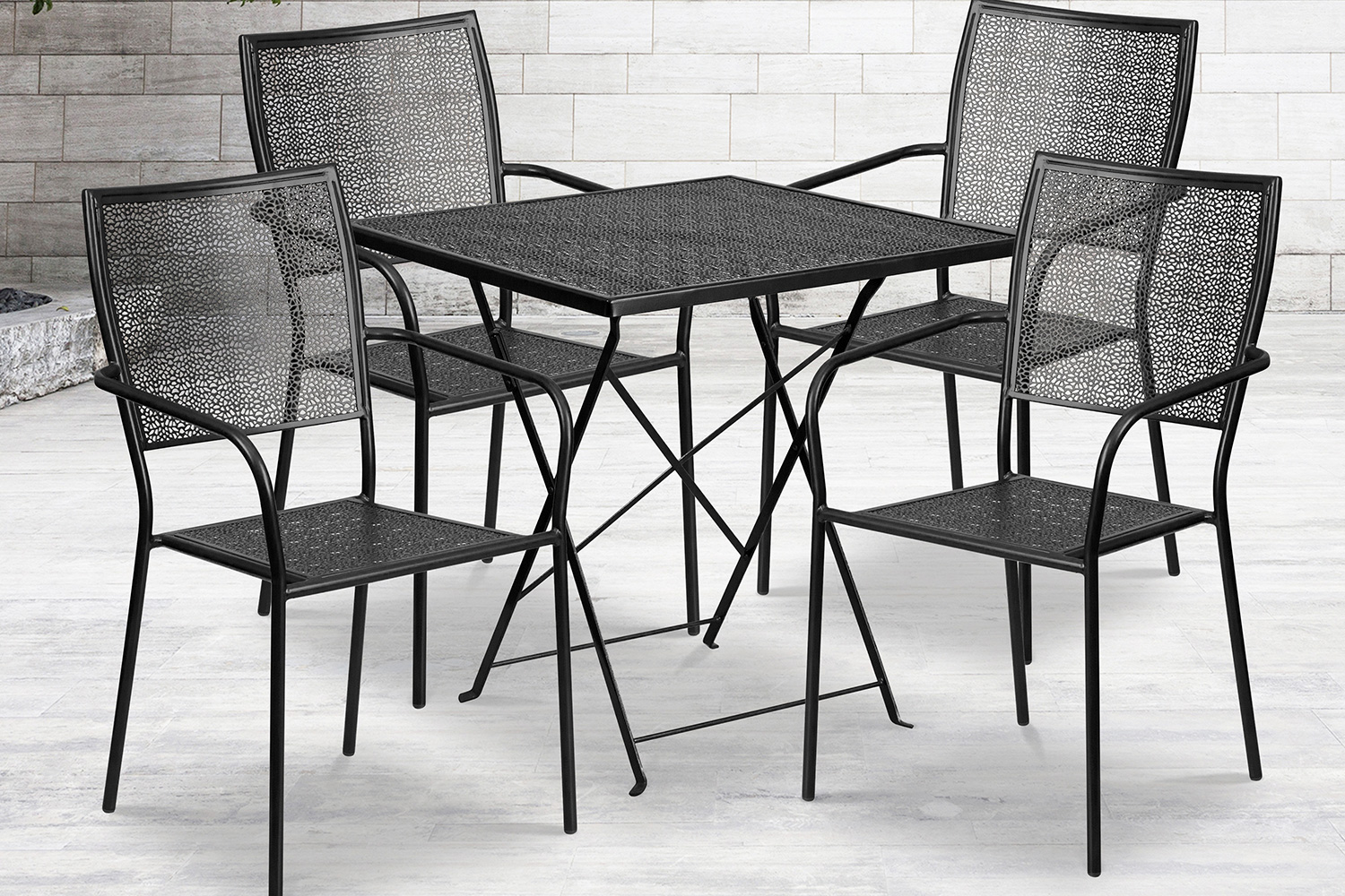 BLNK Oia Commercial Square Steel Indoor-Outdoor Folding Patio Table Set with 4 Square Back Chairs