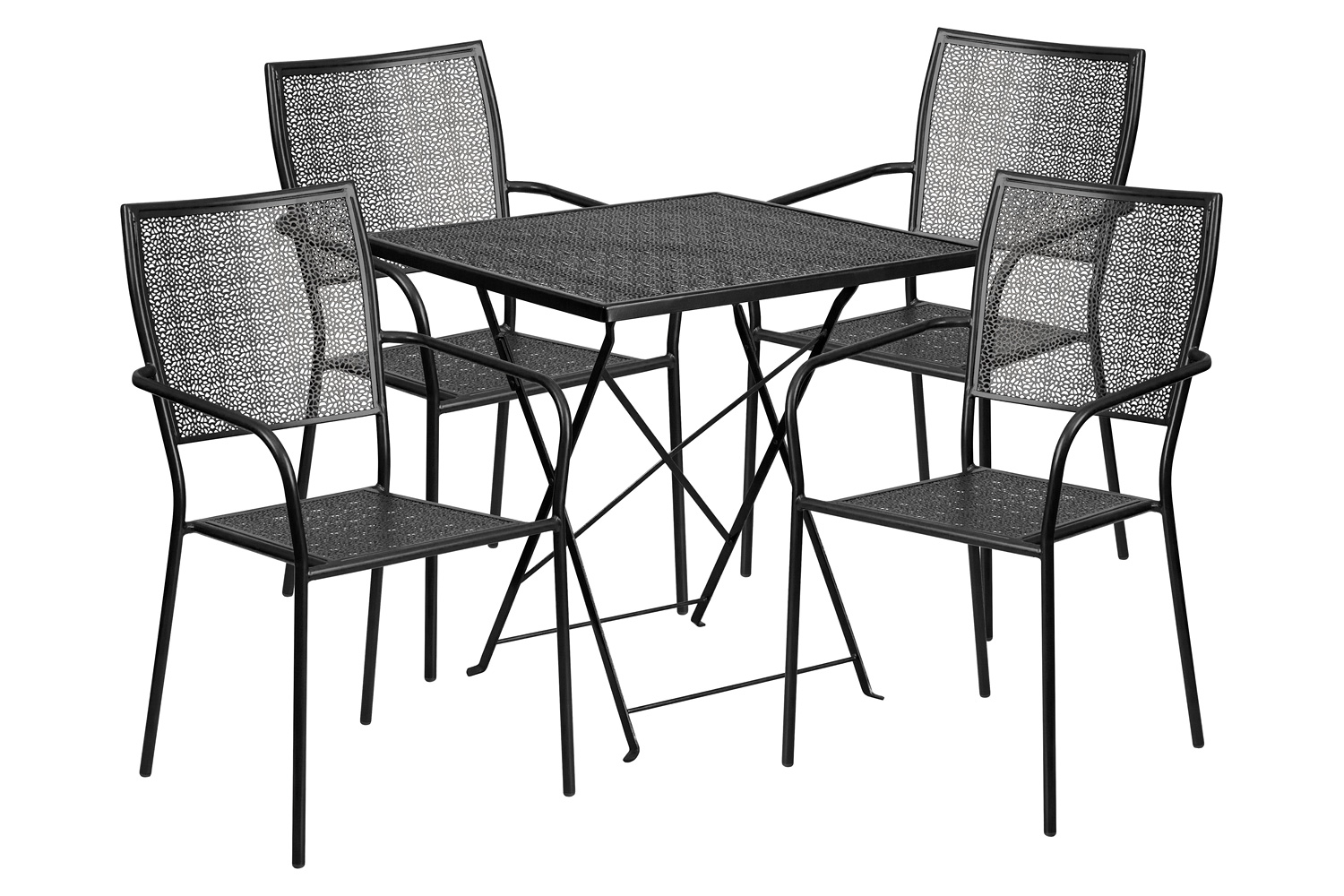 BLNK Oia Commercial Square Steel Indoor-Outdoor Folding Patio Table Set with 4 Square Back Chairs - Black, 28"W