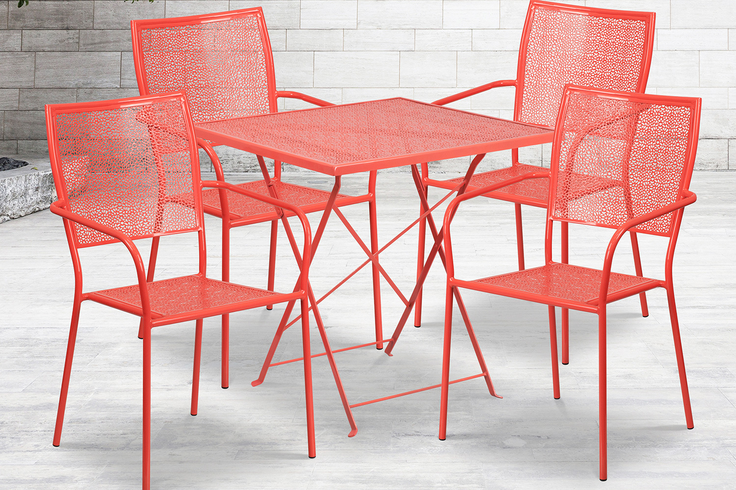 BLNK Oia Commercial Square Steel Indoor-Outdoor Folding Patio Table Set with 4 Square Back Chairs