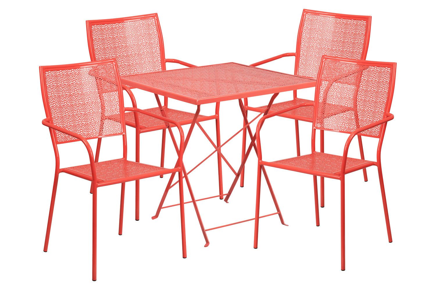 BLNK Oia Commercial Square Steel Indoor-Outdoor Folding Patio Table Set with 4 Square Back Chairs - Coral, 28"W