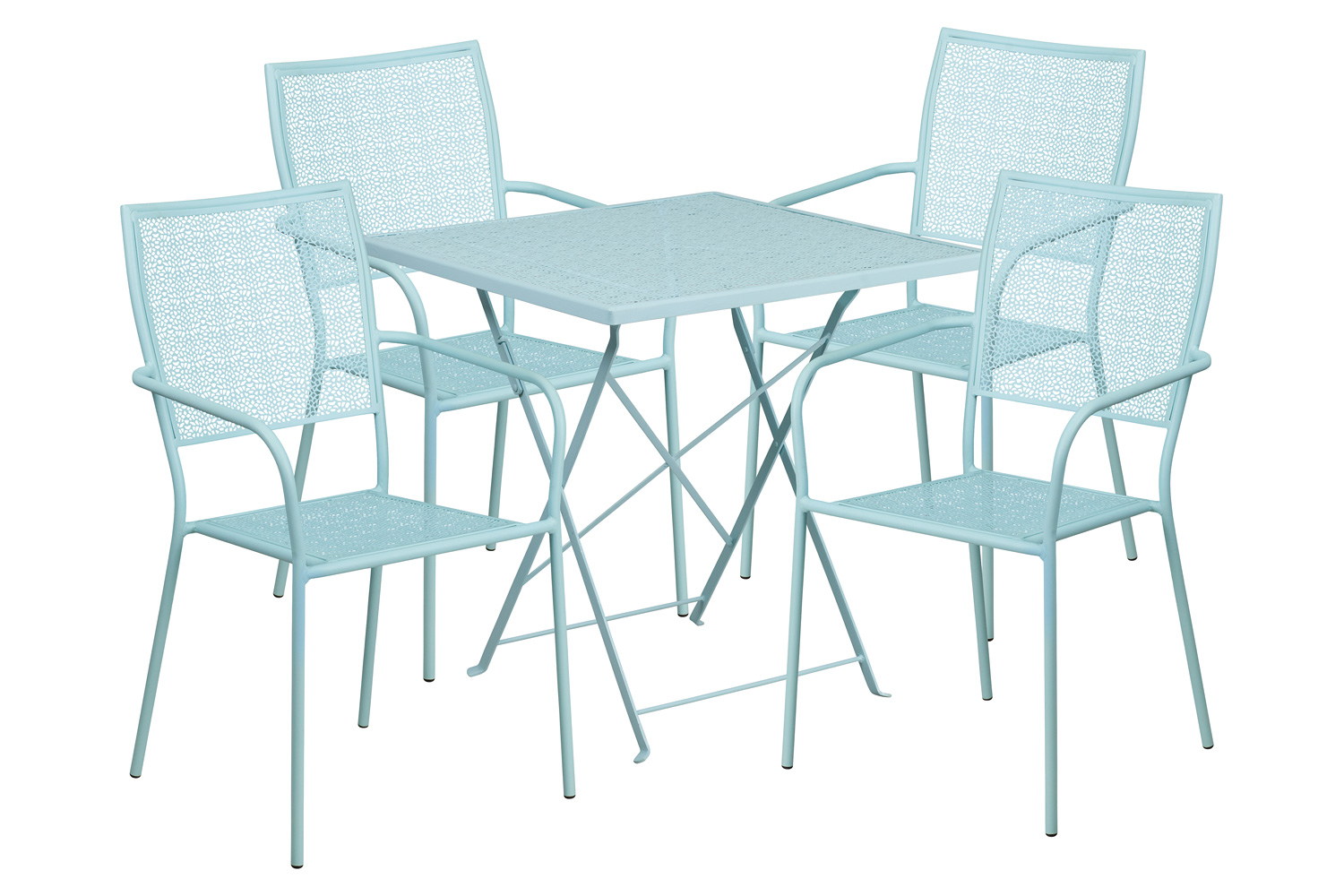 BLNK Oia Commercial Square Steel Indoor-Outdoor Folding Patio Table Set with 4 Square Back Chairs - Sky Blue, 28"W