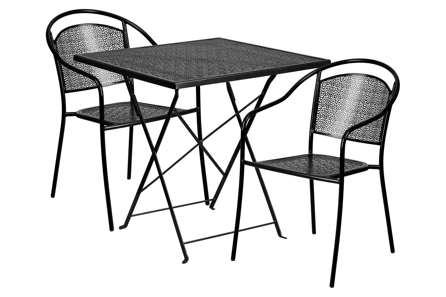 BLNK Oia Commercial Square Steel Indoor-Outdoor Folding Patio Table Set with 2 Round Back Chairs