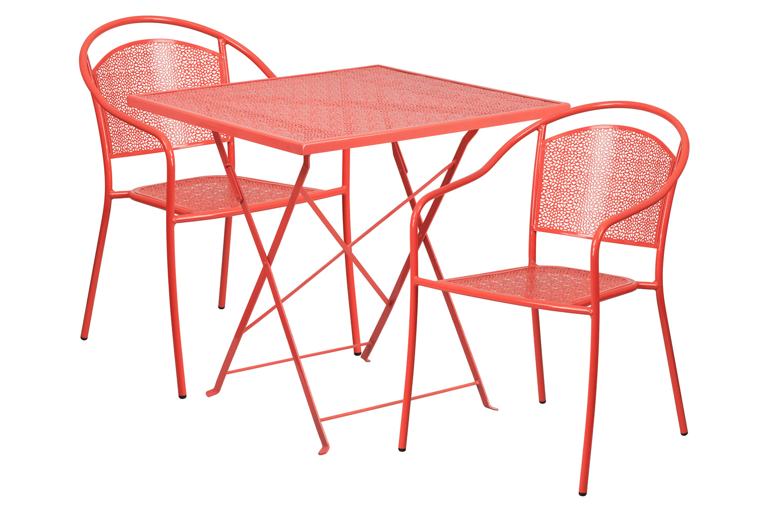 BLNK Oia Commercial Square Steel Indoor-Outdoor Folding Patio Table Set with 2 Round Back Chairs - Coral, 28"W