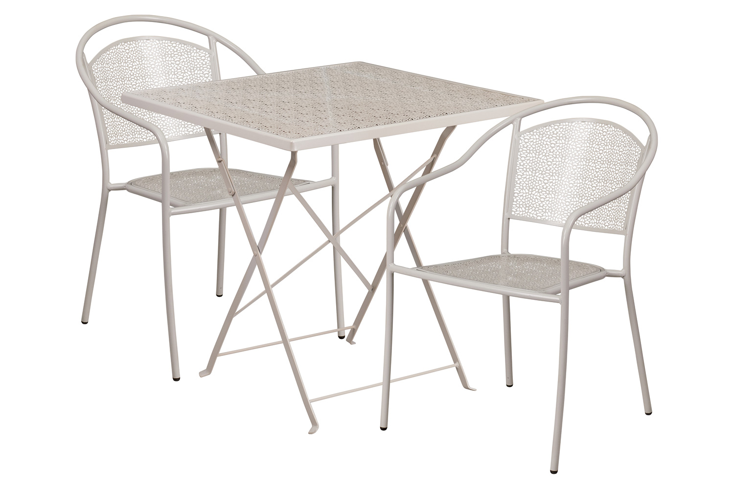 BLNK Oia Commercial Square Steel Indoor-Outdoor Folding Patio Table Set with 2 Round Back Chairs - Light Gray, 28"W