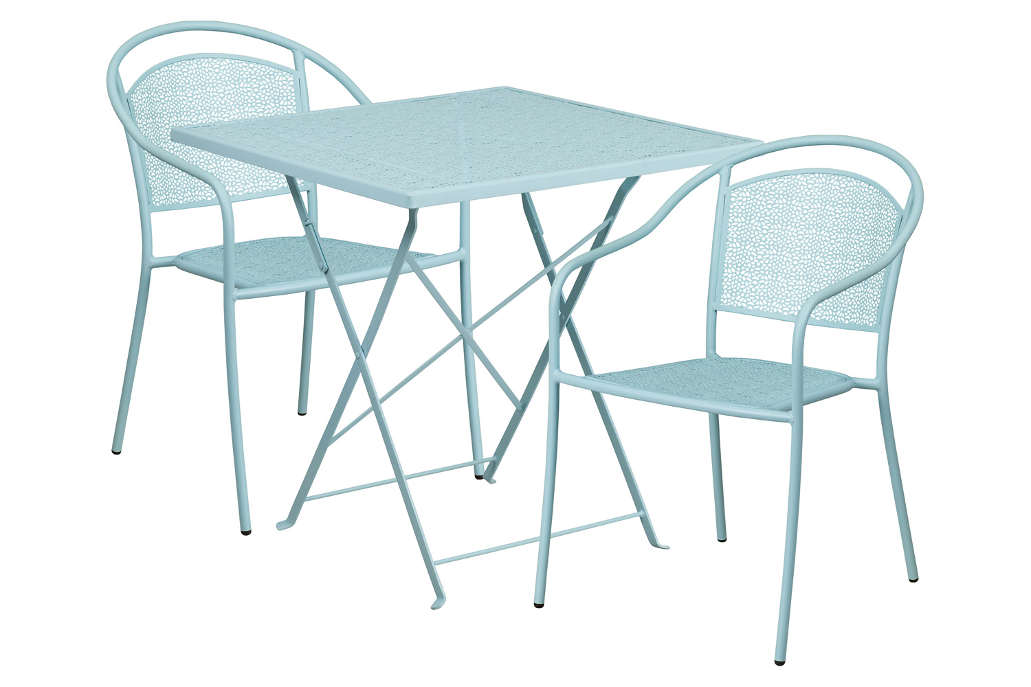 BLNK Oia Commercial Square Steel Indoor-Outdoor Folding Patio Table Set with 2 Round Back Chairs - Sky Blue, 28"W