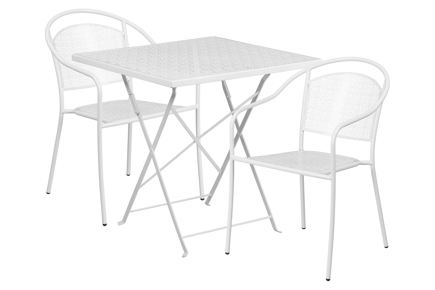 BLNK Oia Commercial Square Steel Indoor-Outdoor Folding Patio Table Set with 2 Round Back Chairs - White, 28"W