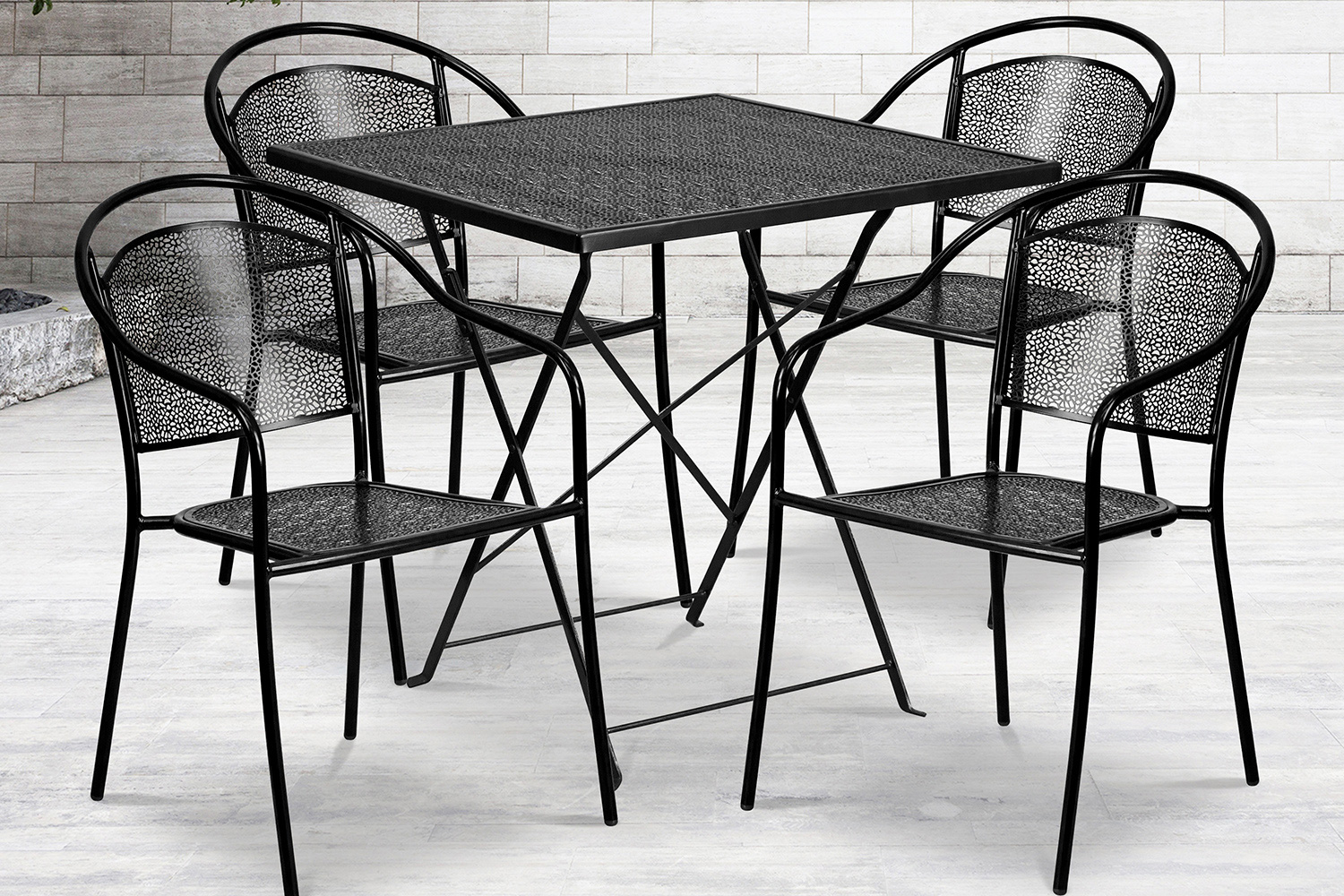 BLNK Oia Commercial Square Steel Indoor-Outdoor Folding Patio Table Set with 4 Round Back Chairs